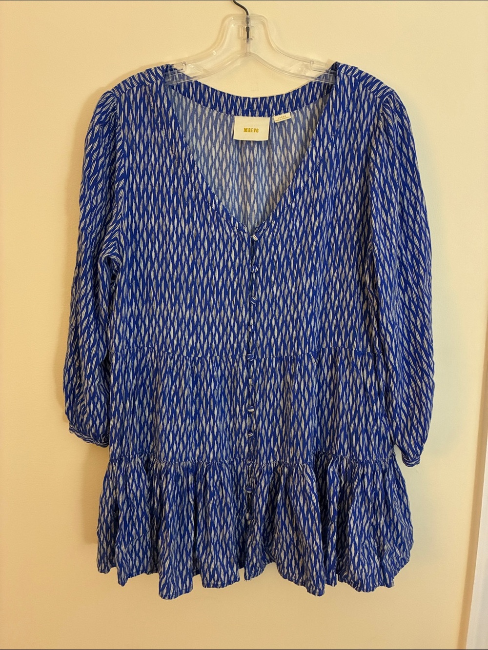 Maeve Blue and White Printed V-Neck Tiered Tunic